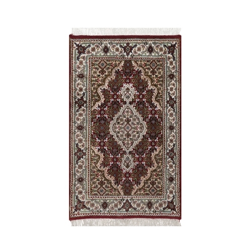 Rhubarb Red, Tabriz Mahi with Fish Medallions Design, 100% Wool, Hand Knotted, 175 KPSI, Sample, Mat, Oriental 