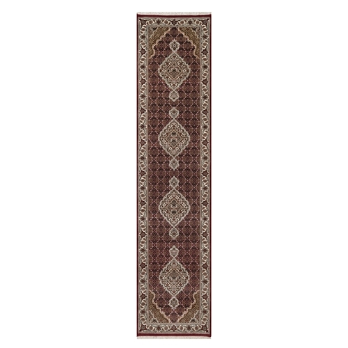 Rhubarb Red, Tabriz Mahi with Fish Medallions Design, Hand Knotted, 100% Wool, 175 KPSI, Runner, Oriental 