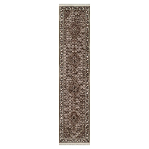 Pearl White, Tabriz Mahi with Fish Medallions Design, Hand Knotted, 100% Wool, 175 KPSI, Runner, Oriental 
