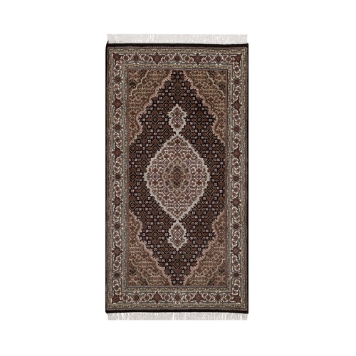 Midnight Black, Hand Knotted, Tabriz Mahi with Fish Medallion Design, 100% Wool, 175 KPSI, Oriental Rug