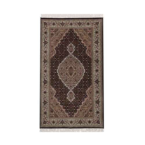 Midnight Black, Tabriz Mahi with Fish Medallion Design, Hand Knotted, 100% Wool, 175 KPSI, Oriental Rug
