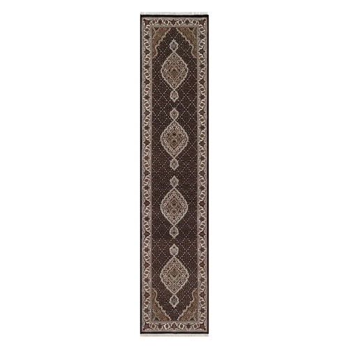 Midnight Black, Hand Knotted, Tabriz Mahi with Fish Medallions Design, 100% Wool, 175 KPSI, Narrow Runner, Oriental Rug