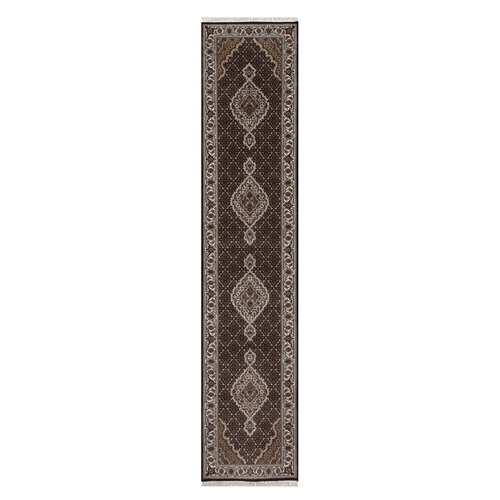 Midnight Black, Tabriz Mahi with Fish Medallions Design, 175 KPSI, Hand Knotted, 100% Wool, Runner, Oriental 