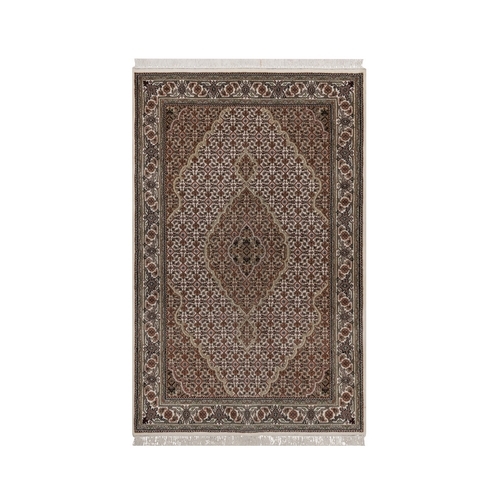 Pearl White, 175 KPSI, Tabriz Mahi with Fish Medallion Design, 100% Wool, Hand Knotted, Oriental 