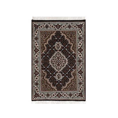 Midnight Black, Tabriz Mahi with Fish Medallion Design, 175 KPSI, Hand Knotted, 100% Wool, Mat, Sample, Oriental 