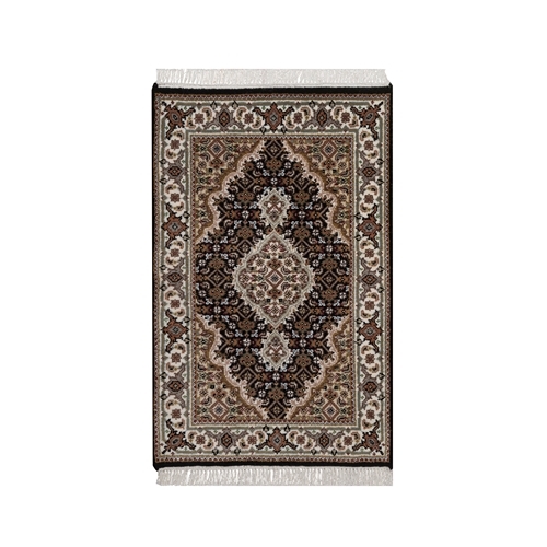 Midnight Black, Tabriz Mahi with Fish Medallion Design, 175 KPSI, Hand Knotted, 100% Wool, Sample, Mat, Oriental 