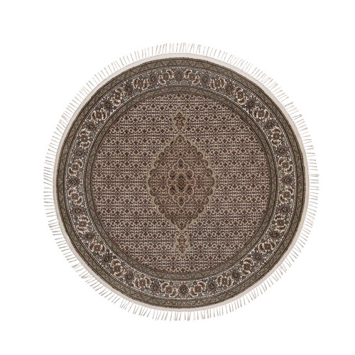 Pearl White, Tabriz Mahi with Fish Medallion Design, Hand Knotted, 100% Wool, 175 KPSI, Round, Oriental 