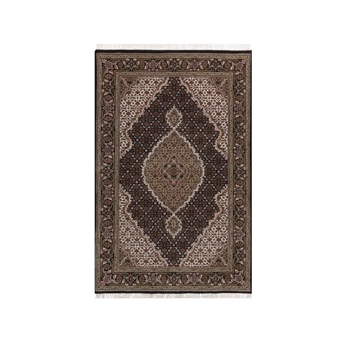 Midnight Black, Tabriz Mahi with Fish Medallion Design, Hand Knotted, 100% Wool, 175 KPSI, Oriental Rug