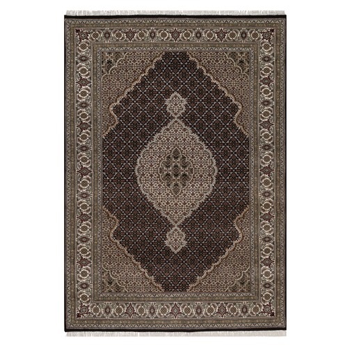 Midnight Black, Tabriz Mahi with Fish Medallion Design, 175 KPSI, Hand Knotted, 100% Wool, Oriental 