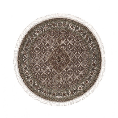 Pearl White, Tabriz Mahi with Fish Medallions Design, Hand Knotted, 100% Wool, 175 KPSI, Round, Oriental 