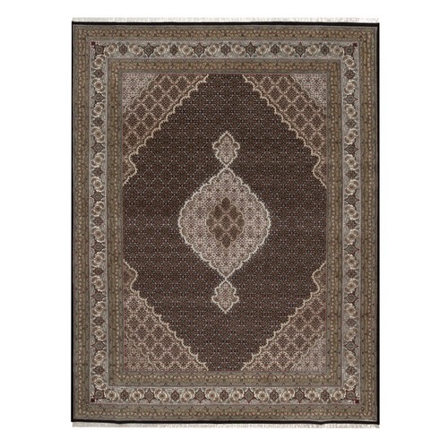 Midnight Black, Hand Knotted, Tabriz Mahi with Fish Medallion Design, 175 KPSI, 100% Wool, Oriental 