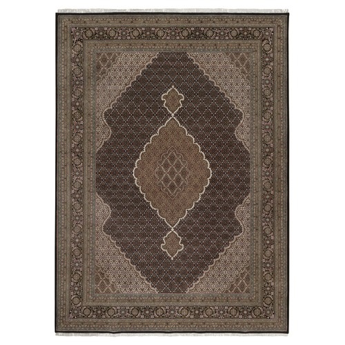 Midnight Black, Tabriz Mahi with Fish Medallion Design, 100% Wool, Hand Knotted, 175 KPSI, Oriental Rug