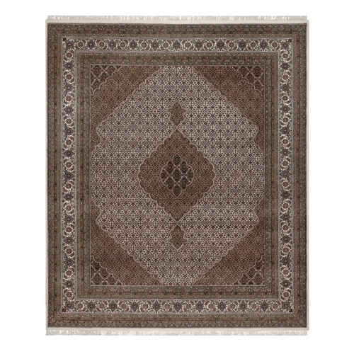 Pearl White, Tabriz Mahi with Fish Medallions Design, Hand Knotted, 100% Wool, 175 KPSI, Oriental 