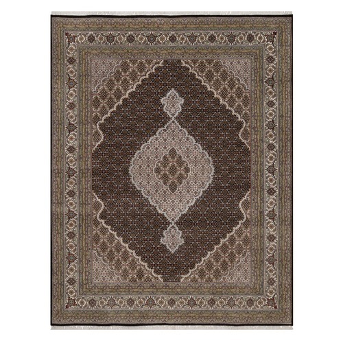 Midnight Black, 175 KPSI, Tabriz Mahi with Fish Medallion Design, Hand Knotted, 100% Wool, Oriental 