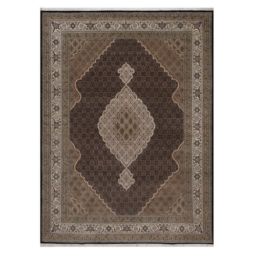 Midnight Black, Hand Knotted, Tabriz Mahi with Fish Medallion Design, 175 KPSI, 100% Wool, Oriental 