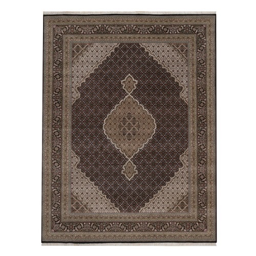 Midnight Black, Hand Knotted, Tabriz Mahi with Fish Medallion Design, 100% Wool, 175 KPSI, Oriental 