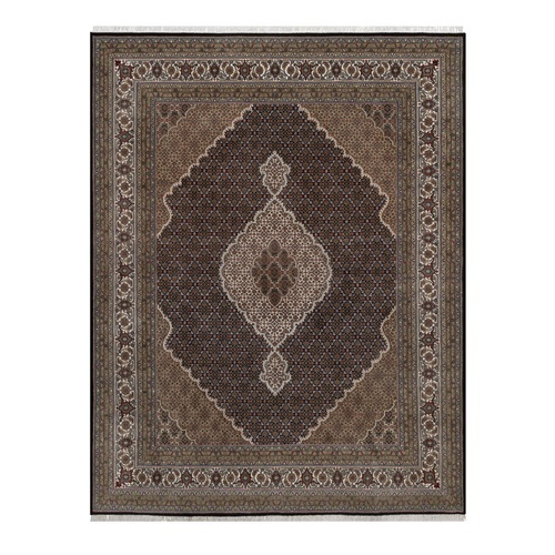 Midnight Black, Tabriz Mahi with Fish Medallion Design, 175 KPSI, Hand Knotted, 100% Wool, Oriental 
