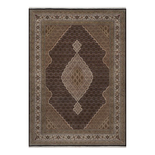 Midnight Black, Tabriz Mahi with Fish Medallion Design, 175 KPSI, Hand Knotted, 100% Wool, Oriental 