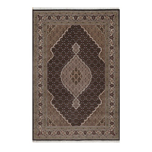Midnight Black, Tabriz Mahi with Fish Medallion Design, Hand Knotted, 175 KPSI, 100% Wool, Oriental 