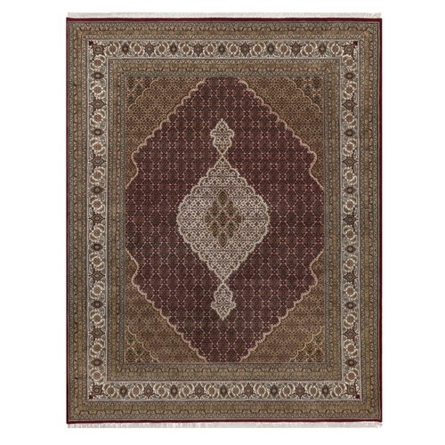 Rhubarb Red, Hand Knotted, Tabriz Mahi with Fish Medallion Design, 100% Wool, 175 KPSI, Oriental 