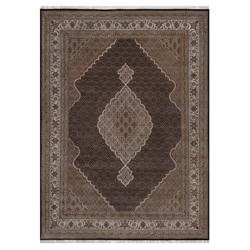 Midnight Black, Hand Knotted, Tabriz Mahi with Fish Medallion Design, 175 KPSI, 100% Wool, Oriental 
