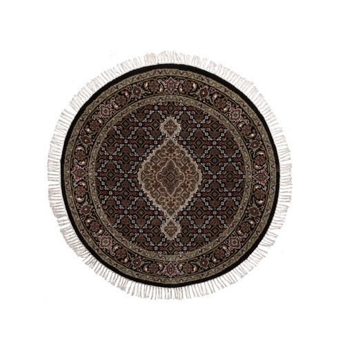 Midnight Black, 175 KPSI, Tabriz Mahi with Fish Medallion Design, Hand Knotted, 100% Wool, Round, Oriental 