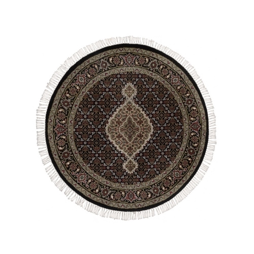 Midnight Black, Hand Knotted, Tabriz Mahi with Fish Medallion Design, 100% Wool, 175 KPSI, Round, Oriental 