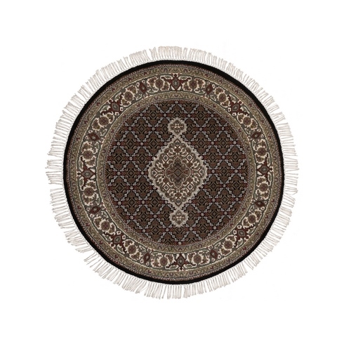 Midnight Black, Tabriz Mahi with Fish Medallion Design, 175 KPSI, Hand Knotted, 100% Wool, Round, Oriental Rug