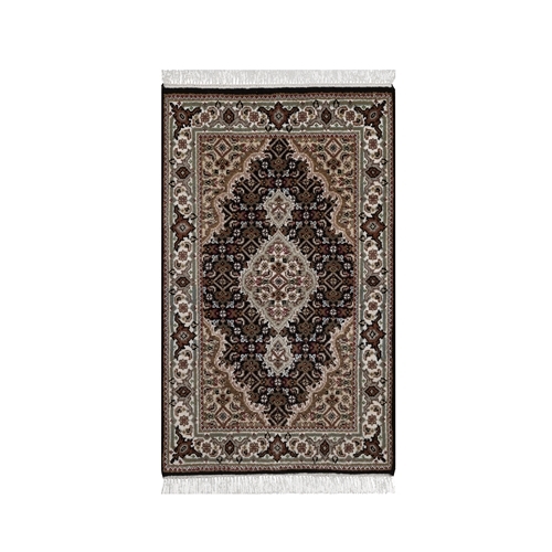 Midnight Black, Tabriz Mahi with Fish Medallion Design, 175 KPSI, Hand Knotted, 100% Wool, Sample, Mat, Oriental Rug