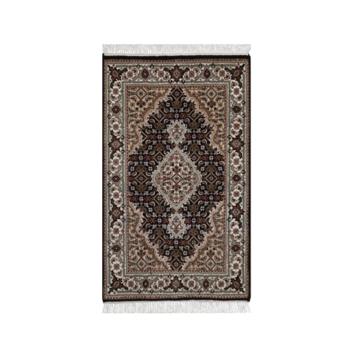 Midnight Black, Tabriz Mahi with Fish Medallion Design, 175 KPSI, Hand Knotted, 100% Wool, Sample, Mat, Oriental Rug