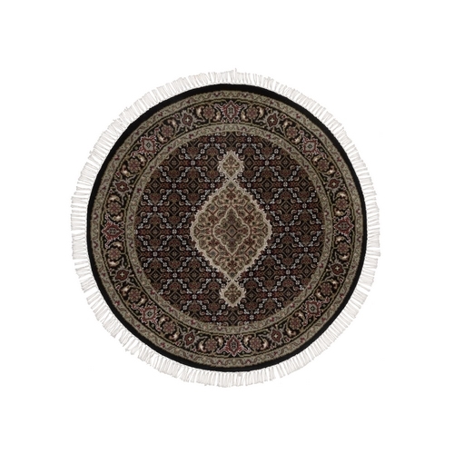 Midnight Black, Tabriz Mahi with Fish Medallion Design, Hand Knotted, 100% Wool, 175 KPSI, Round, Oriental 