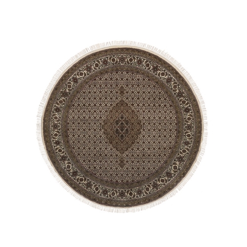 Pearl White, 175 KPSI, Tabriz Mahi with Fish Medallion Design, Hand Knotted, 100% Wool, Round, Oriental 