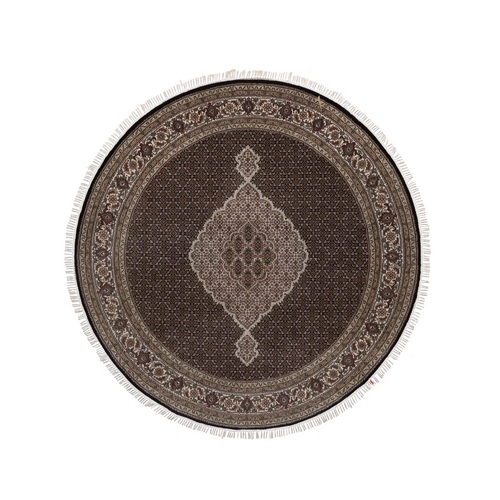 Midnight Black, 175 KPSI, Tabriz Mahi with Fish Medallion Design, Hand Knotted, 100% Wool, Round, Oriental Rug