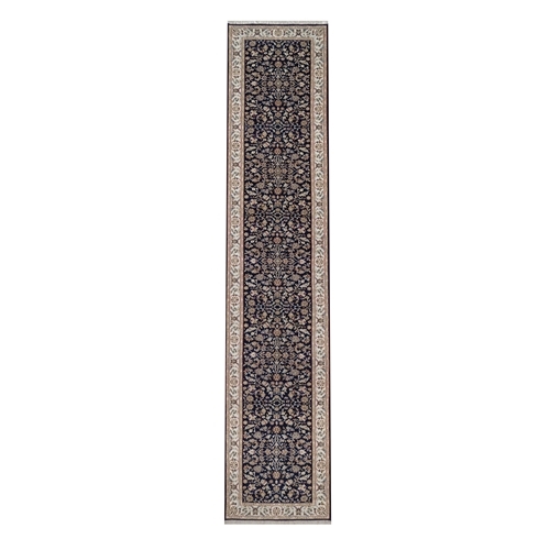 Midnight Blue, Nain with All Over Floral Pattern, Hand Knotted, Wool and Silk, Soft Pile, 250 KPSI, Runner, Oriental 