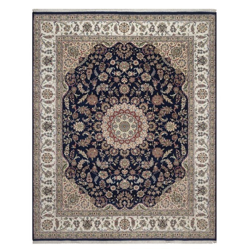 Midnight Blue, Nain with Flower Medallion Design, Hand Knotted, Soft Pile, 250 KPSI, Wool and Silk, Oriental 