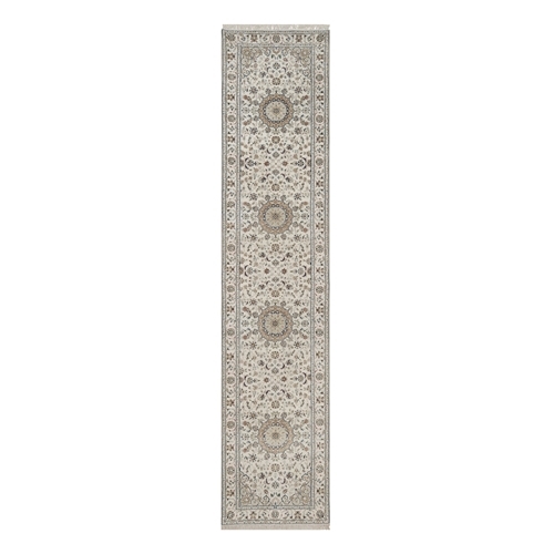 Pearl White, Nain with Flower Medallions Design, Hand Knotted, Wool and Silk, 250 KPSI, Soft Pile, Runner, Oriental 
