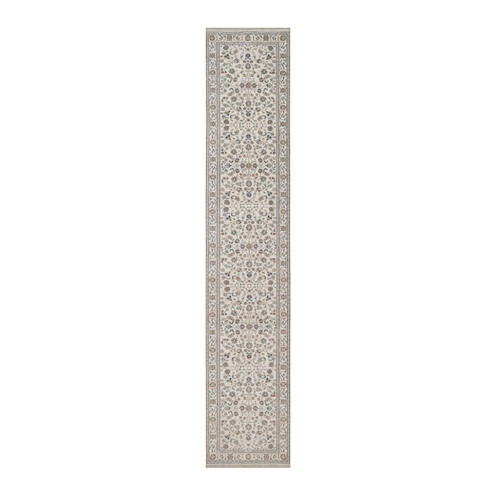 Pearl White, Nain with All Over Flower Design, Wool and Silk, 250 KPSI, Hand Knotted, Soft Pile, XL Runner, Oriental 