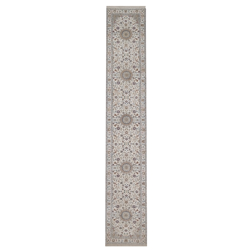Pearl White, Nain with Flower Medallions Design, Wool and Silk, Hand Knotted, 250 KPSI, Soft Pile, XL Runner, Oriental 