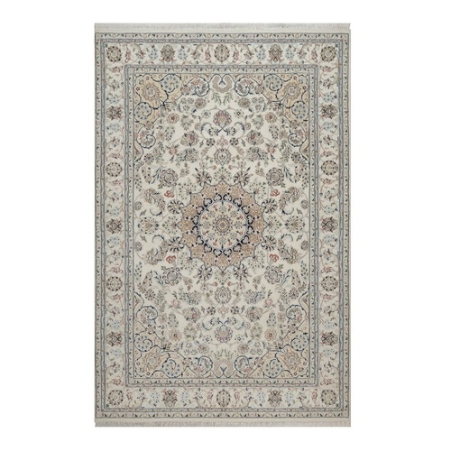 Pearl White, Hand Knotted, Nain with Flower Medallion Design, Wool and Silk, 250 KPSI, Soft Pile, Oriental 