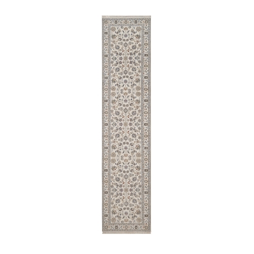 Pearl White, Nain with All Over Flower Design, Hand Knotted, Wool and Silk, 250 KPSI, Soft Pile, Runner, Oriental 