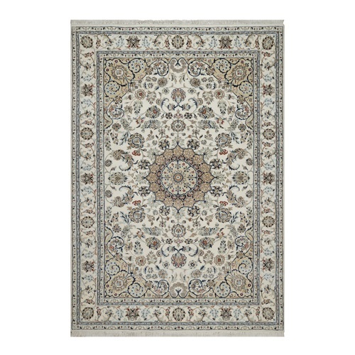 Pearl White, Hand Knotted, Nain with Flower Medallion Design, Wool and Silk, 250 KPSI, Soft Pile, Oriental 