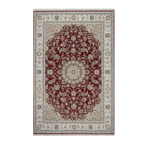 Rhubarb Red, Nain with Flower Medallion Design, Hand Knotted, 250 KPSI, Wool and Silk, Soft Pile, Oriental 