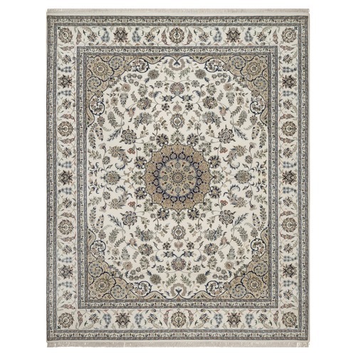 Pearl White, Nain with Flower Medallion Design, Hand Knotted, Wool and Silk, 250 KPSI, Soft Pile, Oriental 