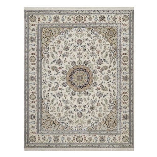 Pearl White, Hand Knotted, Nain with Flower Medallion Design, Wool and Silk, 250 KPSI, Soft Pile, Oriental 