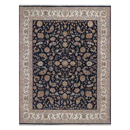 Midnight Blue, Nain with All Over Floral Pattern, Hand Knotted, Wool and Silk, Soft Pile, 250 KPSI, Oriental 