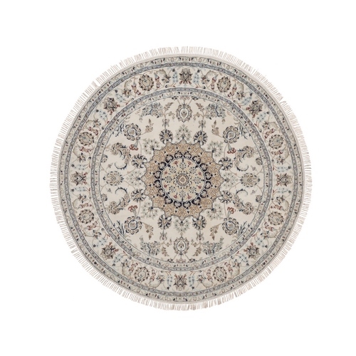 Pearl White, Nain with Flower Medallion Design, Wool and Silk, 250 KPSI, Soft Pile, Hand Knotted, Round, Oriental 