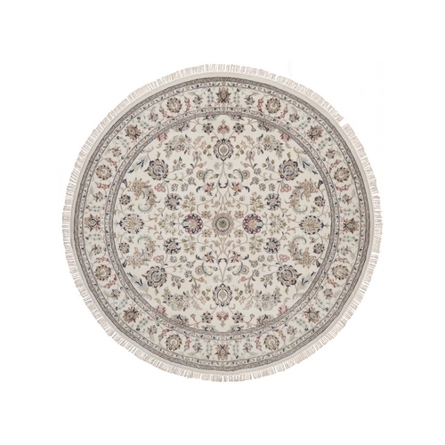 Pearl White, 250 KPSI, Nain with All Over Flower Design, Wool and Silk, Hand Knotted, Soft Pile, Round, Oriental 