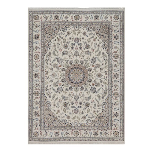 Pearl White, Hand Knotted, Nain with Flower Medallion Design, Wool and Silk, 250 KPSI, Soft Pile, Oriental 