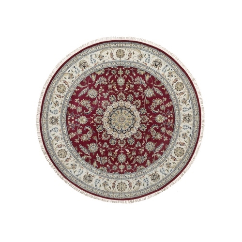 Rhubarb Red, 250 KPSI, Nain with Flower Medallion Design, Hand Knotted, Wool and Silk, Soft Pile, Round, Oriental 