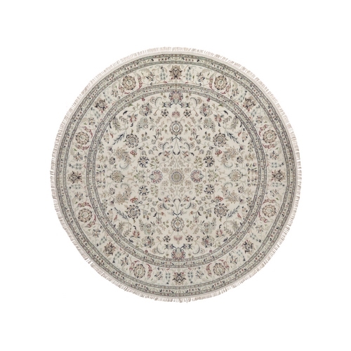 Pearl White, 250 KPSI, Nain with All Over Flower Design, Hand Knotted, Wool and Silk, Soft Pile, Round, Oriental 